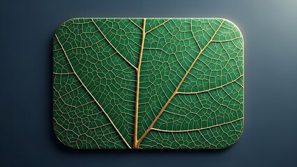 A stylized green leaf with golden veins