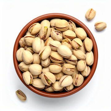 Roasted pistachio filled in bowl, top angle on white background