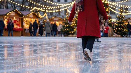 Obraz premium Rear view of a person in a red coat skating on an outdoor ice rink with reflections of festive lights and blurred Christmas market stalls and people in the background