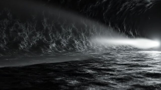 A slow, dramatic movement of subtle soft white light flowing across a textured deep dark empty void background smooth, subtle, textured