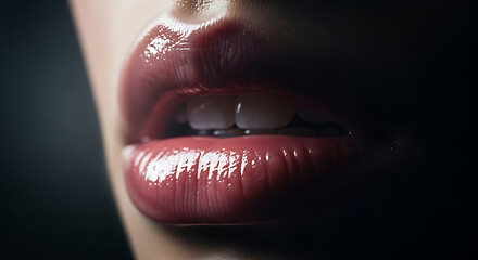 Close up of glossy lips and teeth soft focus beauty.