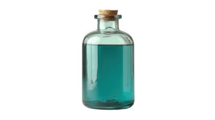 Clear glass apothecary bottle filled with blue liquid and cork stopper on transparent background. on transparent background