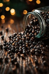 Spilled peppercorns on wooden surface