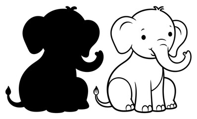 Cute Baby Elephant Sitting Character Line Art and Solid Black Silhouette Set Isolated on Transparent Background