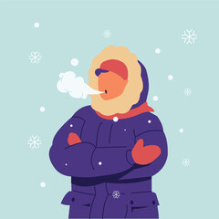 Winter chill moment as a bundled man exhales frosty breath in a calm snowy season