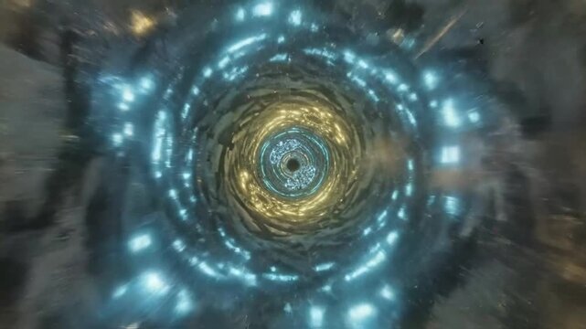 Abstract futuristic time tunnel with shimmering lights leading through a swirling vortex of space and energy