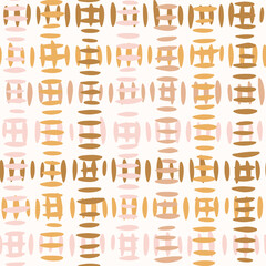 Hand drawn simple brush marks forming a minimalist checks pattern in colors of pink, brown, yellow and cream on off white background. Abstract geometric seamless vector pattern. Great for home decor.