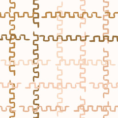 Hand drawn abstract broken puzzle pieces forming a minimalist checks pattern in colors of pink, brown and cream on off white background. Abstract geometric seamless vector pattern.Great for home decor