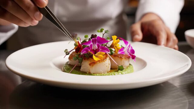 Chef plating exquisite dish with scallops and edible flowers