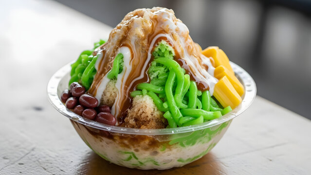 Delicious Cendol dessert with shaved ice and toppings.