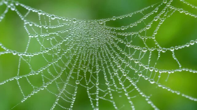 Macro View of Dew Covered Spider Web Glowing in Morning Light Against Green Background