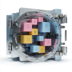 Transparent vault with floating cubes representing cryptocurrencies, symbolising secure digital assets, decentralised finance, and protected investments.