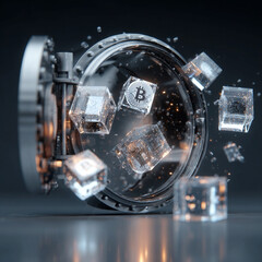 Transparent vault with floating cubes representing cryptocurrencies, symbolising secure digital assets, decentralised finance, and protected investments.