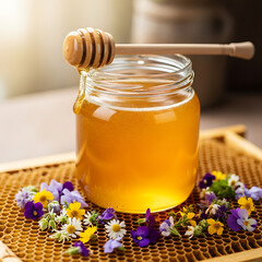 A jar of golden honey with a dipper on a honeycomb with wildflowers