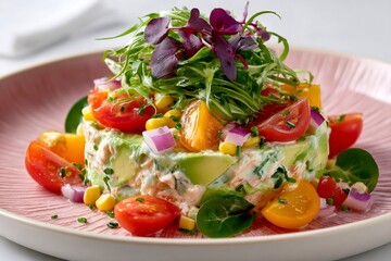 Stacked salmon avocado salad with cherry tomatoes and corn