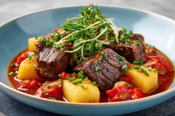 Slow cooked beef stew with potatoes and herbs