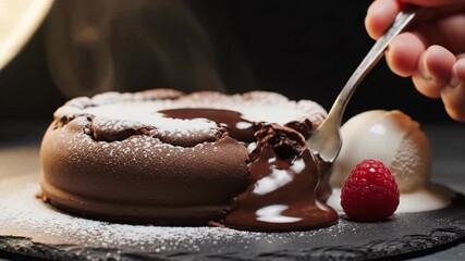 Chocolate dessert with powdered sugar and ice cream