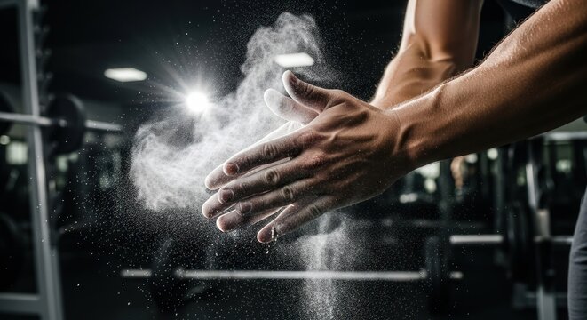 The Power of Preparation: A Gymnast Getting Ready with Chalk Dust in Dramatic Lighting