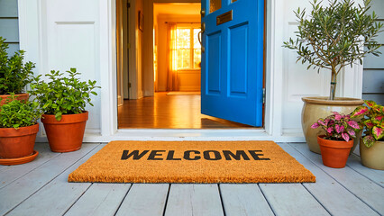 Vibrant welcome mat sits outside a front porch with potted plants next to a bright blue open door inviting entry into a sunlit home interior.