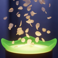 Falling petals illuminate a glowing green lotus-like structure