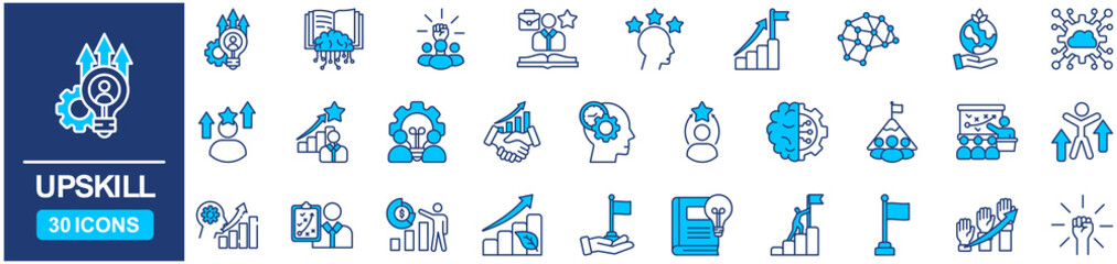 Upskill Web Icon Set in Blue style Flat. vector illustration concept relate to learn, career, skill, training, assessment, set, employee, innovation, digital, monitoring