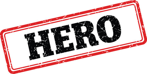 A distressed red stamp displaying the word hero in bold black lettering is prominently featured on a white background