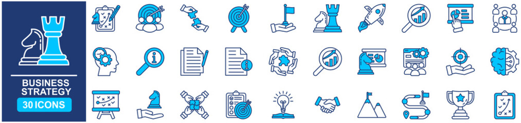 Business strategy set of web icons in Blue style Flat. strategy, set, line, team, target, plan, outline, goal, puzzle, thin, people, solution