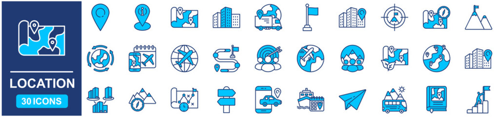 Location Web Icon Set in Blue style Flat. vector illustration concept relate to location, map, pin, place, pointer, navigation, vector, point, symbol, travel