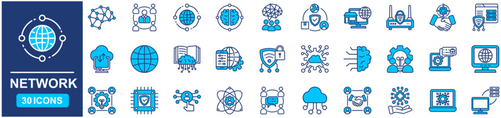 Network Web Icon Set in Blue style Flat. vector illustration concept relate to technology, architecture, digital, icon, center, communication, service, computer