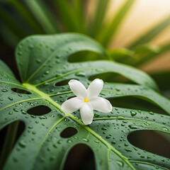 A single white flower rests on a wet monstera leaf.