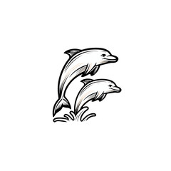 Two dolphins leaping upwards in a stylized monochrome illustration design