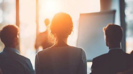 Business meeting in a bright office with people and a presentation board.
