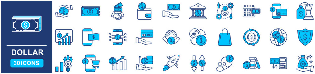 Dollar set of web icons in Blue style Flat. vector illustration concept relate to bank, signs, business, payment, symbol, finance, currency