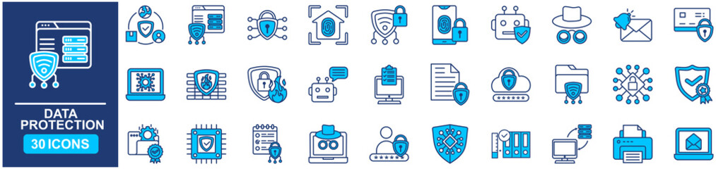 Data protection Web Icon Set in Blue style Flat. vector illustration concept relate to protect, protection, design, key, icon, phone, computer, mobile, laptop, cyberspace