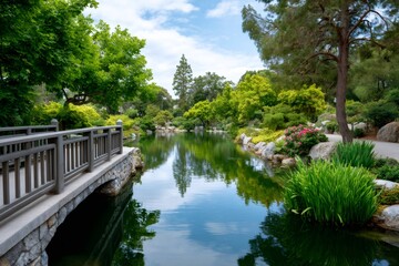 Obraz premium Japanese garden water reflecting trees and blue sky