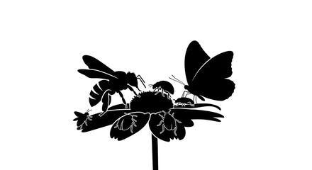 Butterfly and Bee Resting on Flower Silhouette Vector for Spring and Nature Concepts