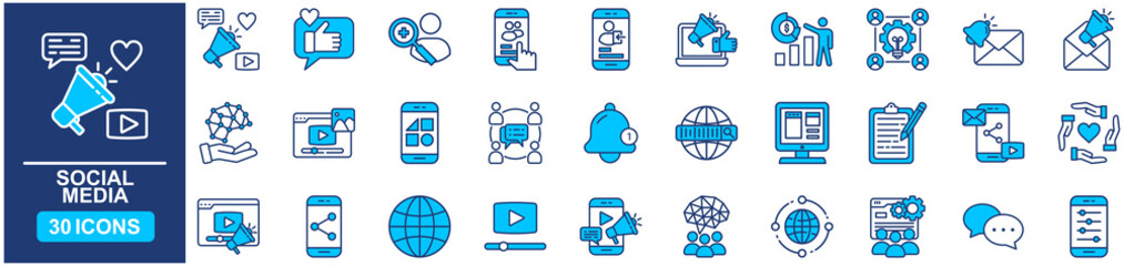 Social Media Web Icon Set in Blue style Flat. vector illustration concept relate to share, censoring, news, comment, communication, profile, app, buttons, graphic, marketing