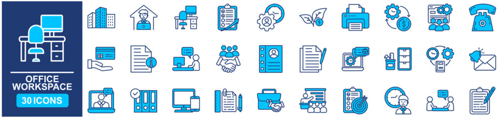 Office workspace set of web icons in Blue style Flat. vector illustration concept relate to workplace, business, table, outline, schedule, meeting