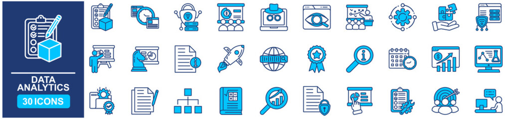 Data analytics set of web icons in Blue style Flat. vector illustration concept relate to analysis, business, chart, management, database,, computer, technology, growth 