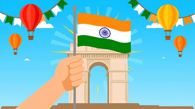 India Republic Day Celebration Hand Holding Flag India Gate Background