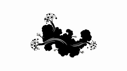 Whimsical black ink illustration of stylized trees and swirling smoke on white background