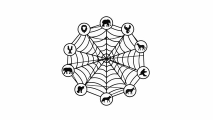 Intricate web design connecting diverse animal silhouettes, symbolizing interconnectedness and the natural world.