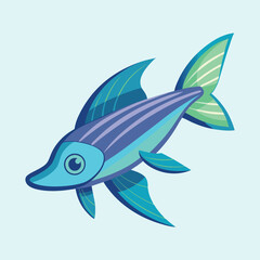 Stylized Cartoon Fish with Blue and Green Fins on Light Blue Background