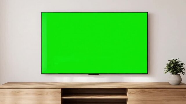 Modern living room with green screen TV on beige sofa