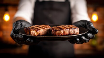 Chef Presenting Two Grilled Steaks on a Plate, Culinary Excellence, Delicious Food.