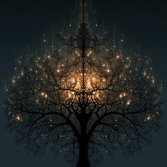 Tree silhouette resembling intricate chandelier structure branches glimmer starry outlined contrast, unique interpretation artistic motif high originality no people completely free design.