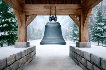 Obraz premium Bronze bell hanging in wooden shrine structure during winter