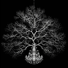 Tree silhouette resembling intricate chandelier structure branches glimmer starry outlined contrast, unique interpretation artistic motif high originality no people completely free design.