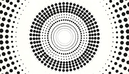 An abstract, symmetrical composition of black dots, arranged in concentric circles against a creamy white backdrop, creating a tunnel effect