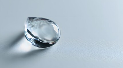 Close-up of a Clear Water Droplet on a Light Blue Surface.